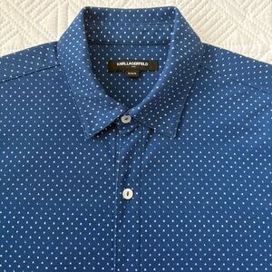 Karl Lagerfeld Paris Men’s M Blue Monogram Logo Piqué Short Sleeve Button Down
